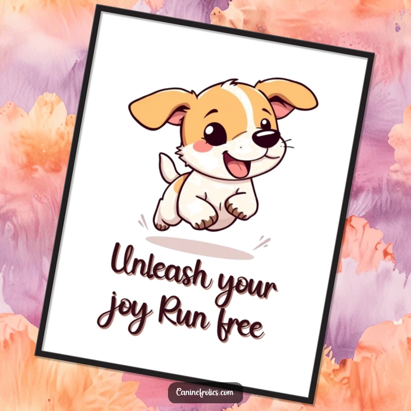 Funny Free Printable Wall Art of a dog with spectacularly floppy ears, caught mid-stride in an abandon run.