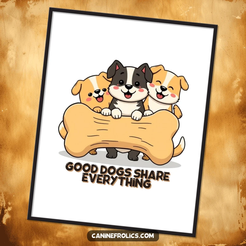 Funny Free Printable Wall Art: A group of simplified, smiling dogs unitedly share a giant bone, fun downloadable decor.