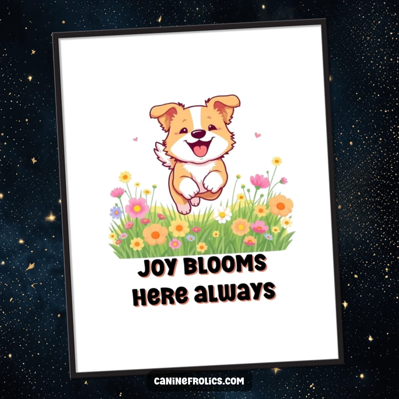 Funny Free Printable Wall Art: Energetic, happy dog bounding through a picturesque field filled with colorful blooming flowers, pure joy personified.