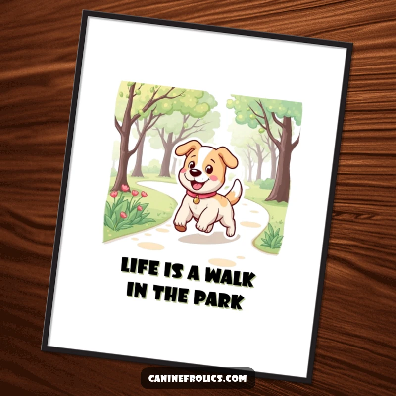 Funny Free Printable Wall Art: Dog with a bouncy stride trotting happily along a park path, radiating pure joy.