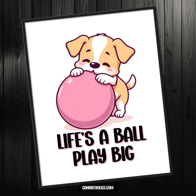 Funny Free Printable Wall Art: A dog gleefully nudging a comically large ball as it rolls, capturing active fun.