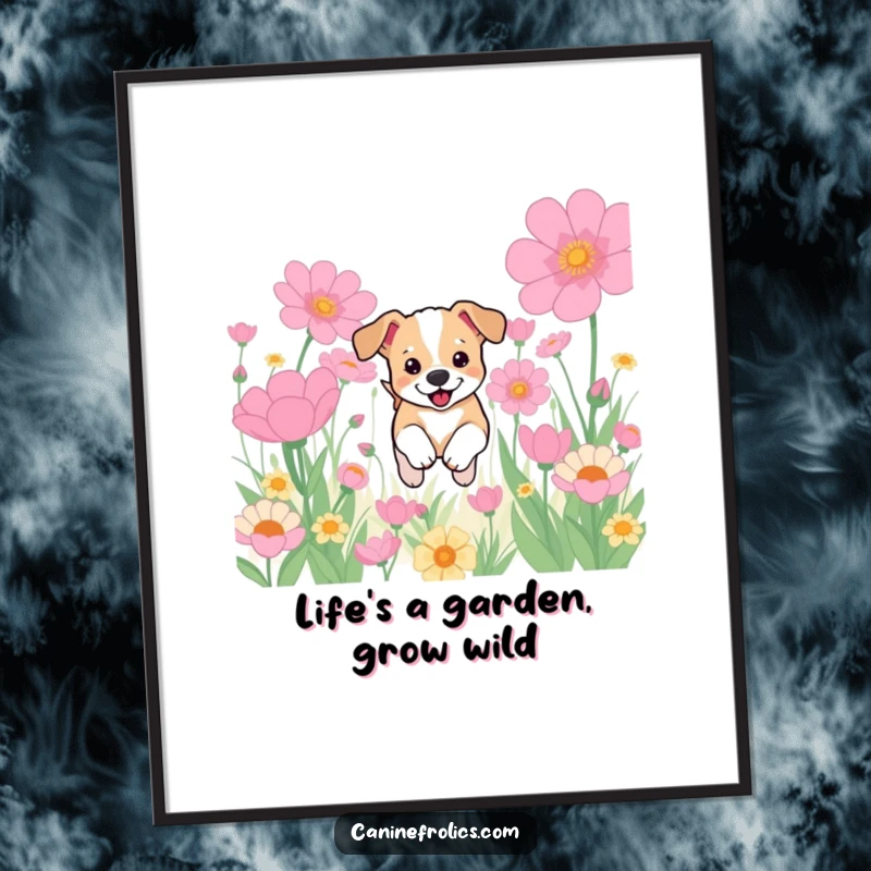Funny free printable wall art: Tiny, happy puppy energetically bounding through a field of giant, colorful, whimsical flowers.