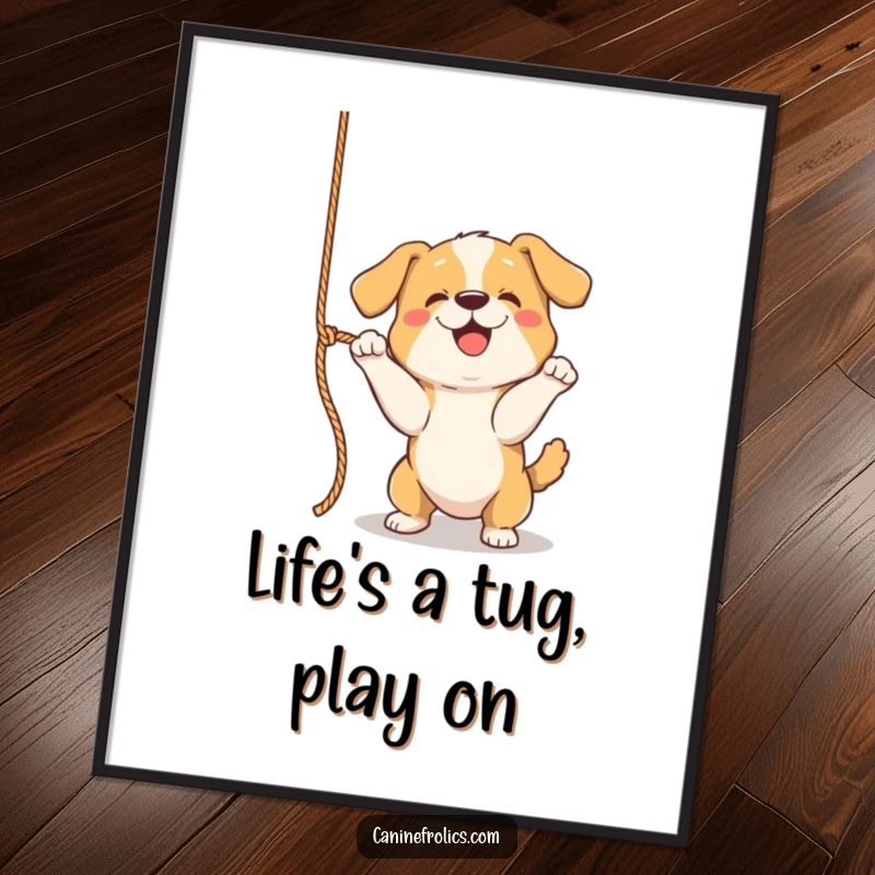 Funny Free Printable Wall Art: A dog eagerly plays with a dangling rope, perfect for fun downloadable decor.