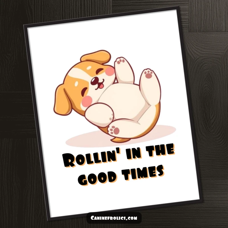 Funny Free Printable Wall Art: A dog gleefully rolling on its back with paws playfully swatting the air.