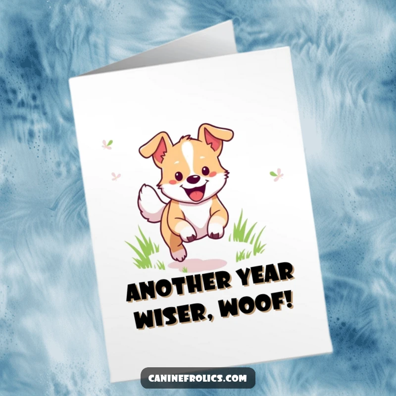 Funny Free Printable Birthday Card: A joyful dog leaps through a green field, embodying pure birthday excitement for a downloadable gift.