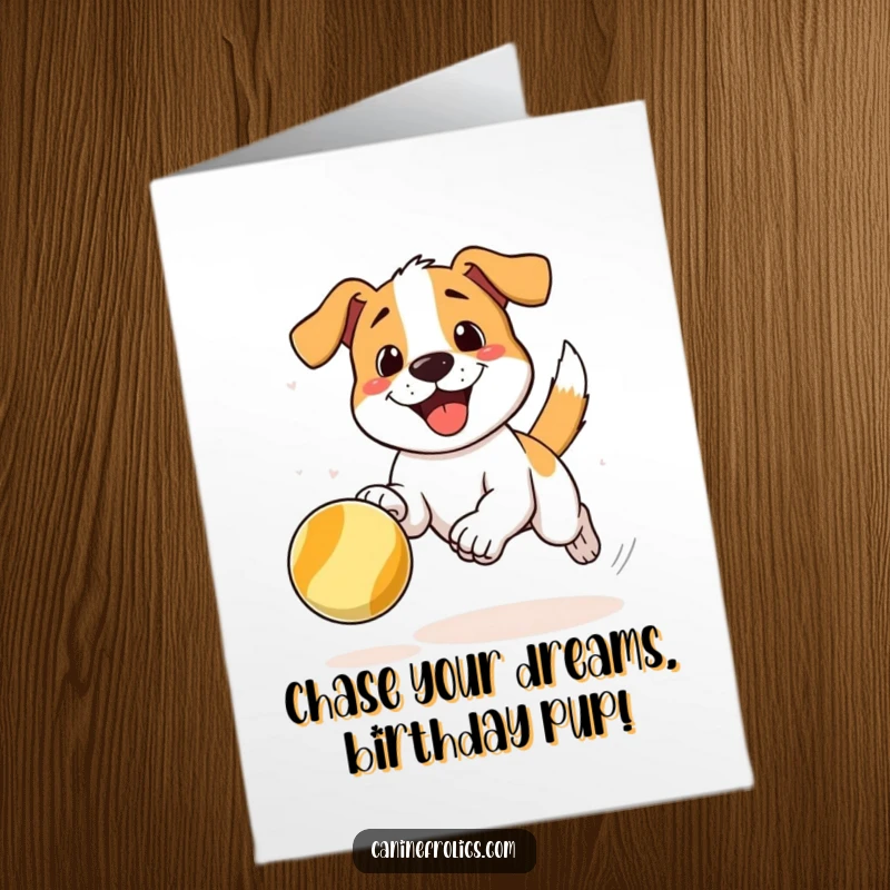 Funny Free Printable Birthday Card: A dog in mid-stride, joyfully chasing a bouncing ball with intense focus and happy ears.