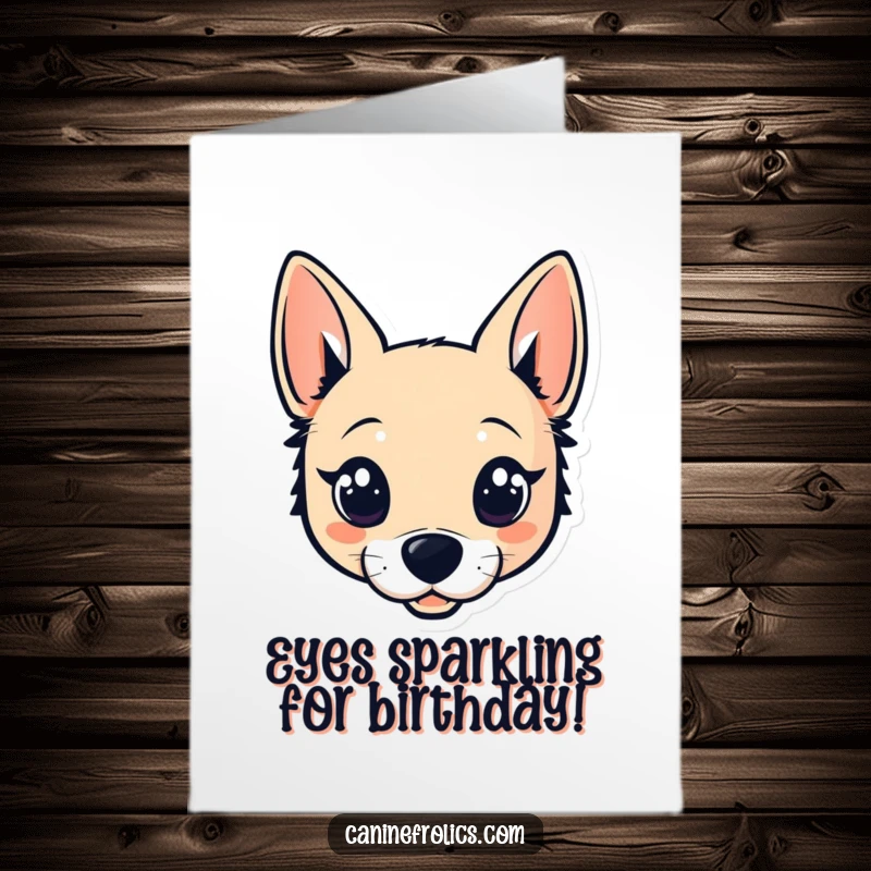 Funny Free Printable Birthday Card: Stylized dog head with wide, sparkling eyes and perky ears, looking excited.