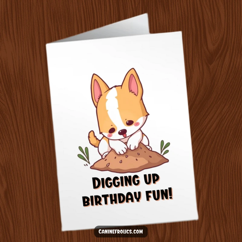 Funny Free Printable Birthday Card: A dog gleefully digging in dirt, embodying playful mischief and birthday excitement.