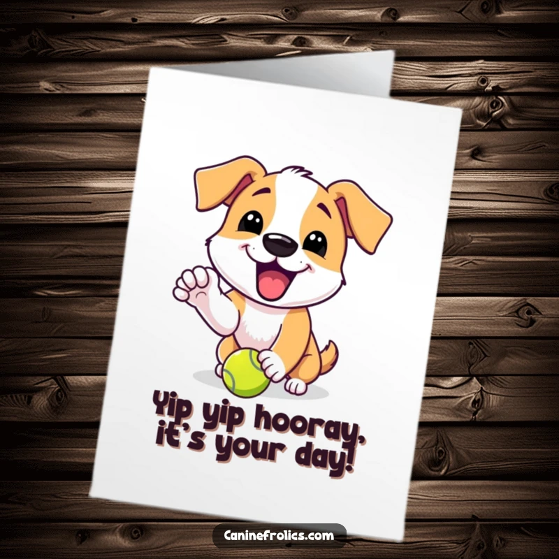 Funny Free Printable Birthday Card: Dog with an excited yip playfully nudging a tennis ball, ready for playtime.