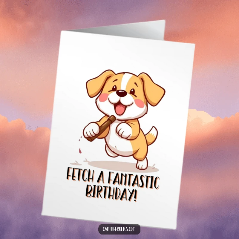 Funny Free Printable Birthday Card: Energetic dog mid-fetch, tongue out, stick in mouth, celebrating a birthday.