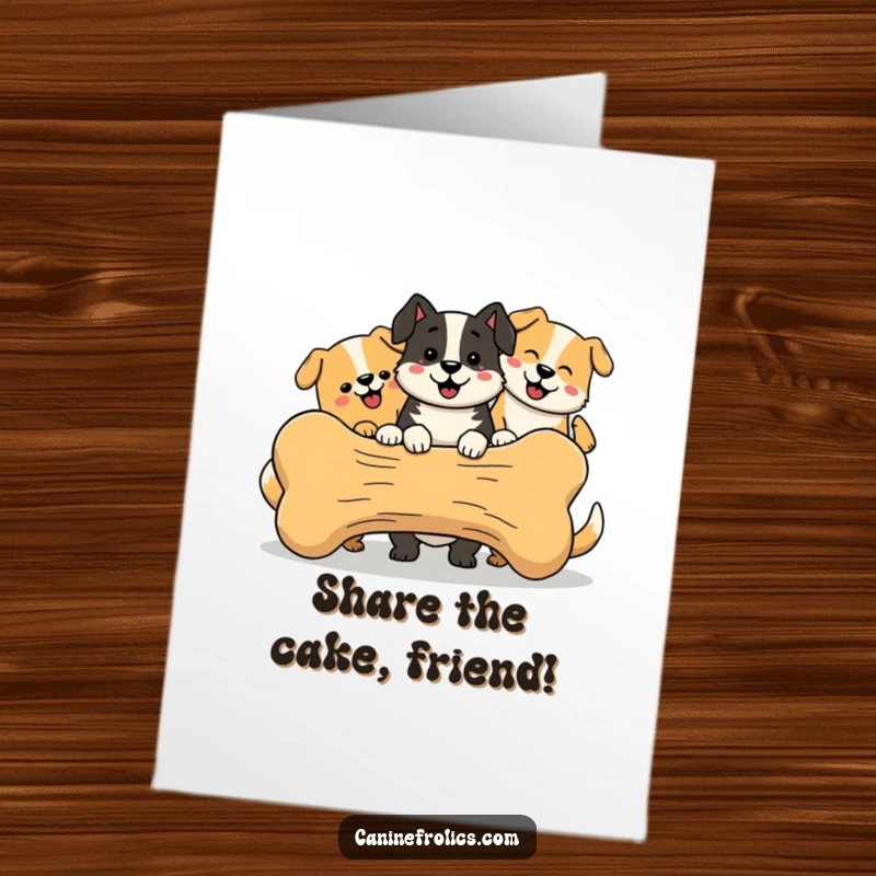 Funny Free Printable Birthday Card: Group of smiling dogs happily share a giant bone, ideal for a fun DIY gift.