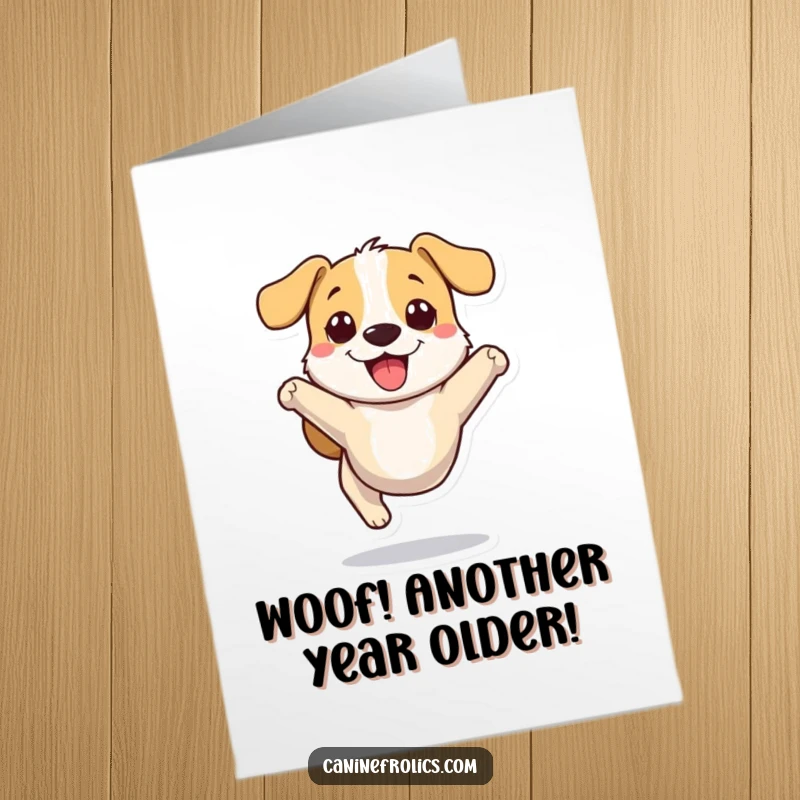 Funny Free Printable Birthday Card showing a small, stylized dog character leaping with pure, unadulterated joy and excitement.