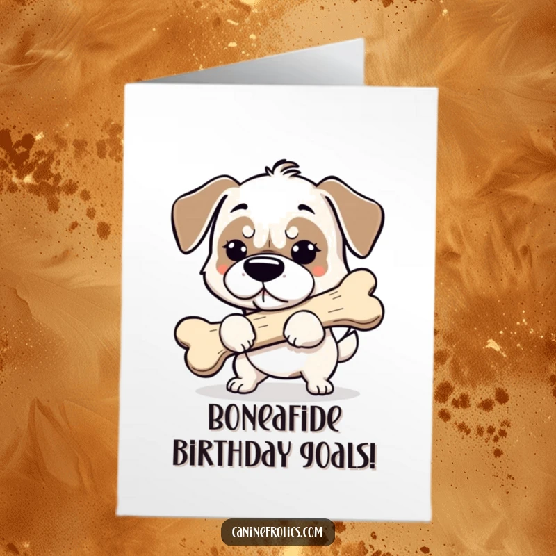 Funny Free Printable Birthday Card: A dog with a serious look carries an comically enormous bone, ready for celebration.