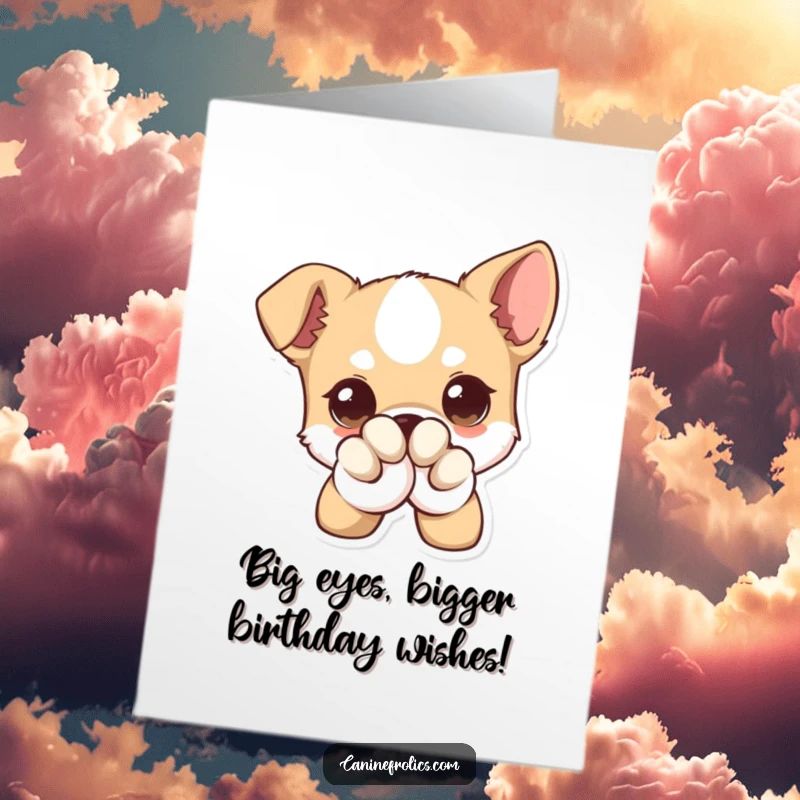 Funny Free Printable Birthday Card: Big-eyed dog winks playfully behind a paw, perfect for a humorous DIY gift.