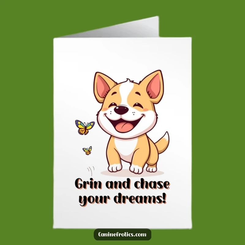Free Printable Dog Birthday Card: Grinning Pup Chasing Butterfly Downloadable Fun