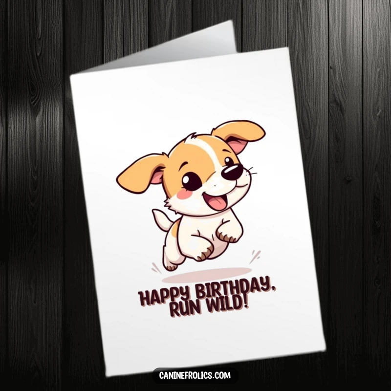 Funny Free Printable Birthday Card: a happy dog with exaggeratedly floppy ears, running joyfully and unrestrained.