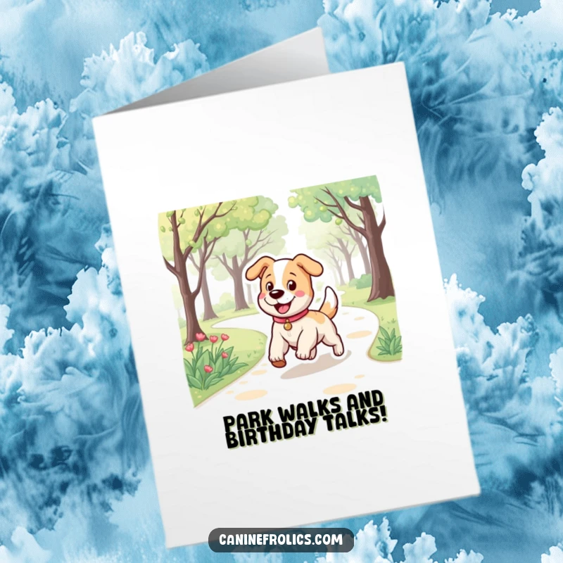 Funny Free Printable Birthday Card: Dog with a bouncy stride trotting happily on a park path, spreading cheer.