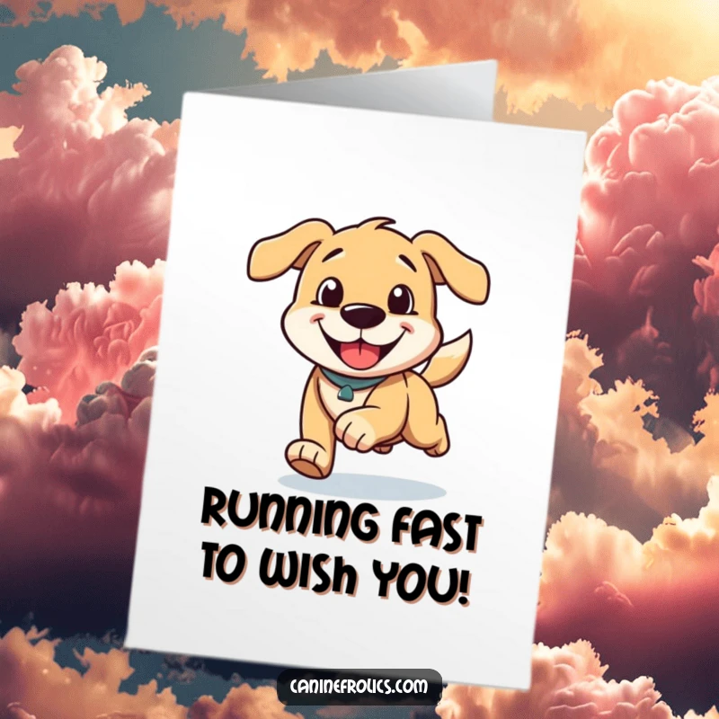 Funny Free Printable Birthday Card: A dog running with a huge happy grin and ears trailing behind.