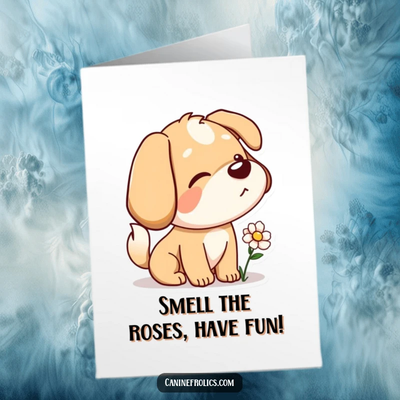 Funny Free Printable Birthday Card: Dog with a playful wag sniffing a flower curiously, nose deep in floral investigation.