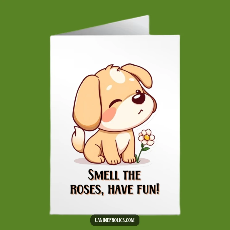 Free Printable Birthday Card: Curious Dog Sniffing Flower, Funny Dog Lover Downloadable