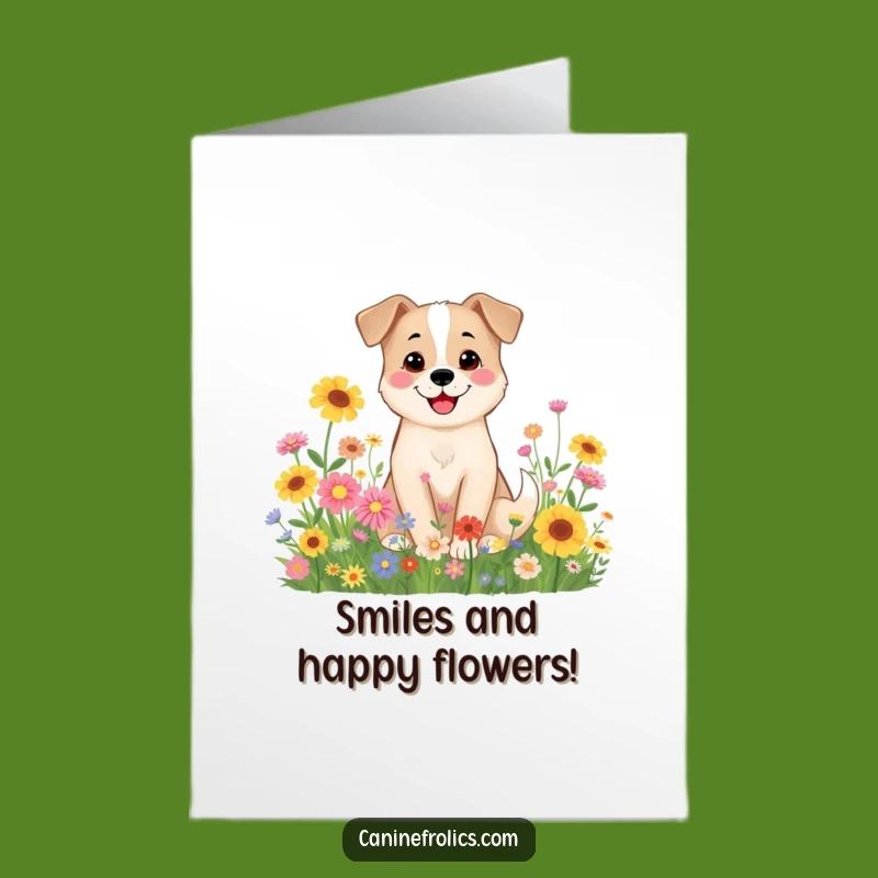 Free Printable Birthday Card: Smiling Dog in Wildflowers, Funny Downloadable Gift!