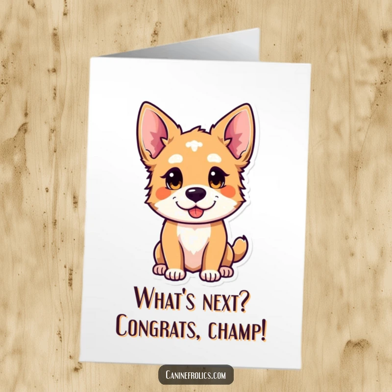 Funny Free Printable Congratulations Card: A dog with its ears perked, head tilted, looking with playful curiosity and an eagerness to celebrate.