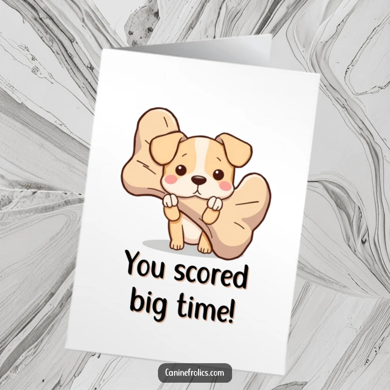 Funny Free Printable Congratulations Card: A dog curiously peeks around a massive oversized bone, anticipating a reward.