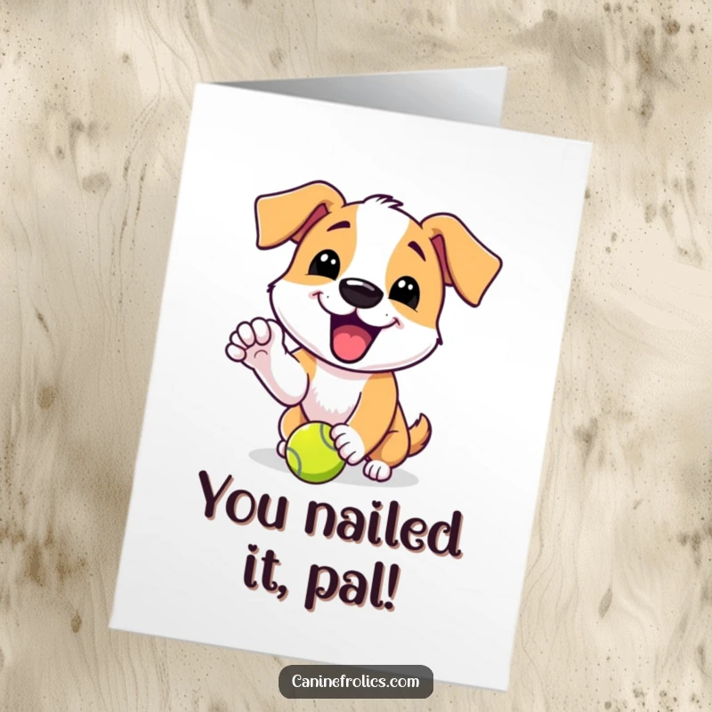Funny Free Printable Congratulations Card: Dog with an excited yip playfully nudging a tennis ball, celebrating a win.