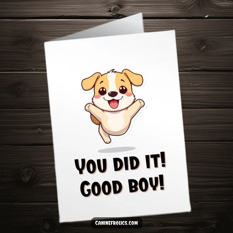 Funny Free Printable Congratulations Card featuring a small, stylized dog character in mid-air, bounding with immense happiness and excitement.