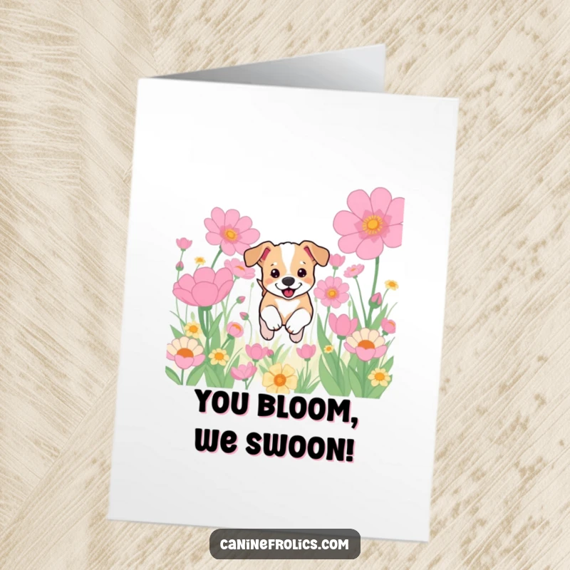 Funny free printable congratulations card: A jubilant puppy leaping joyfully amidst oversized, vibrant flowers, celebrating success.
