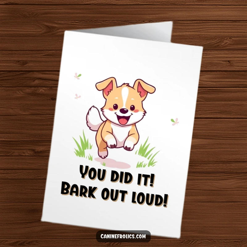 Funny Free Printable Congrats Card: A happy dog running through a field, celebrating success with energetic, downloadable art.