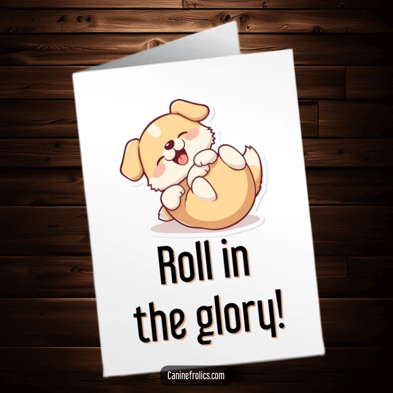 Funny Free Printable Congratulations Card: A canine character joyfully rolling on its back, expressing ultimate happiness.