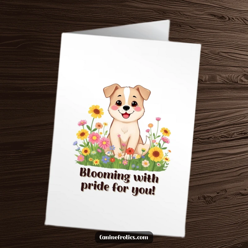 Funny Free Printable Congrats Card: A smiling dog nestled in colorful wildflowers, a picture of serene success in downloadable art.