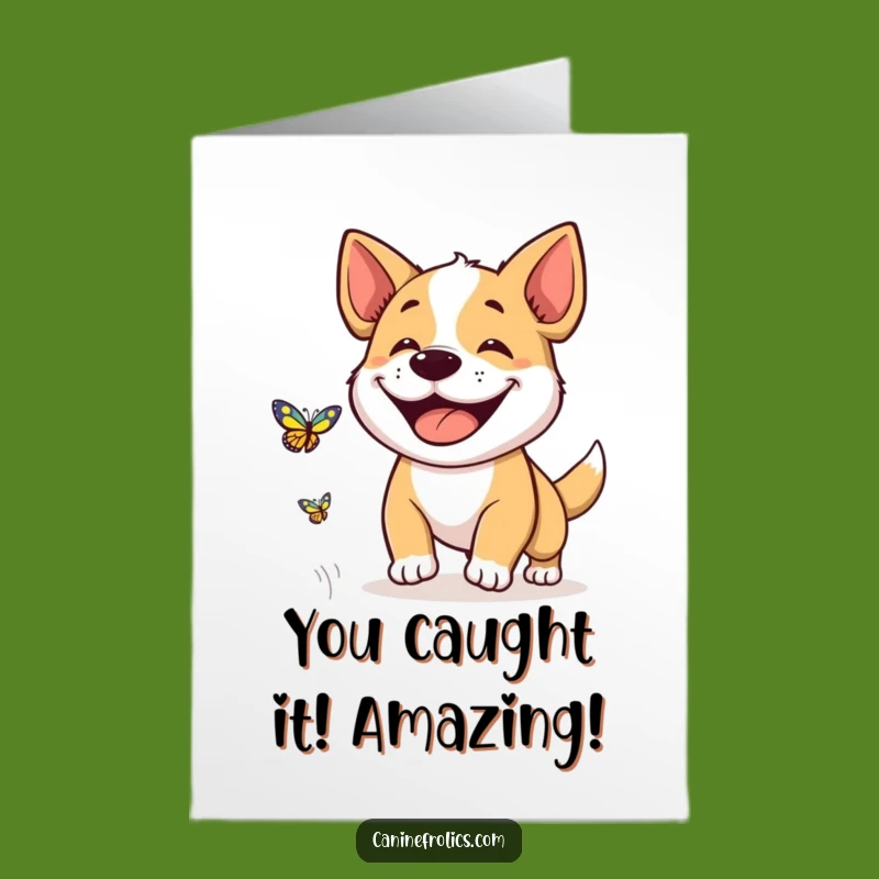 Free Printable Dog Congrats Card: Gleeful Pup Chasing Butterfly Downloadable Joy