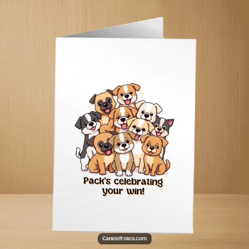 Funny Free Printable Congratulations Card featuring a diverse group of dog breeds playfully interacting, sharing in the excitement.