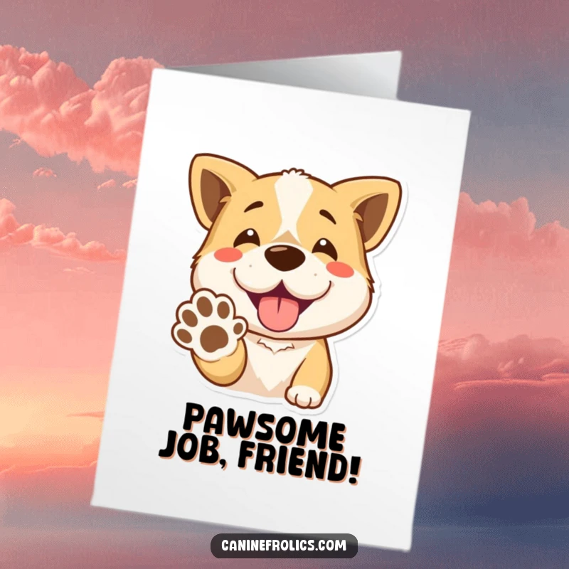 Funny Free Printable Congratulations Card: A dog extends its paw with a giant, open-mouthed smile, celebrating success.