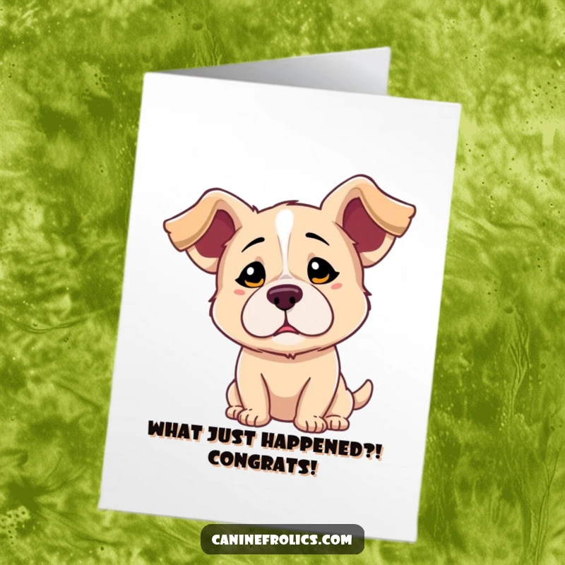 Funny Free Printable Congratulations Card: A dog with endearing floppy ears, head slightly tilted, adorably confused but ready to celebrate.