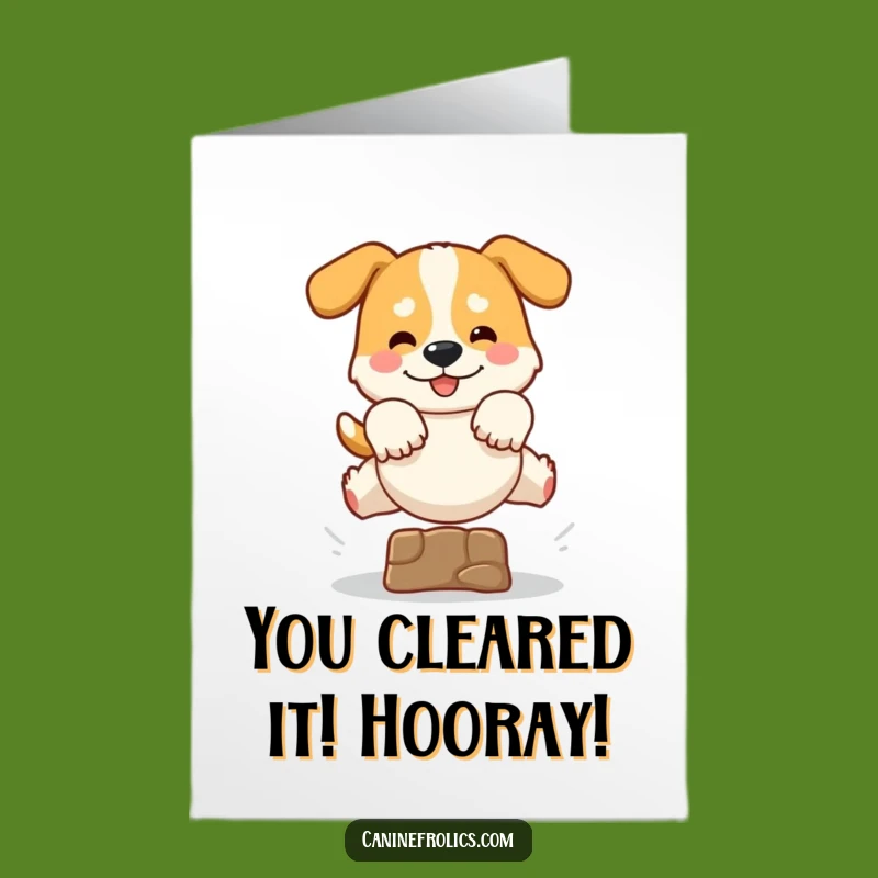 Free Printable Dog Congrats Card: Dynamic Leaping Pup Celebrating Success Downloadable