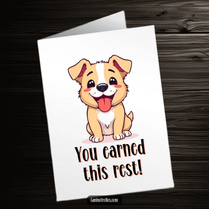 Funny Free Printable Congratulations Card: A dog happily panting, tongue lolling out, after a successful and rewarding activity, full of accomplishment.