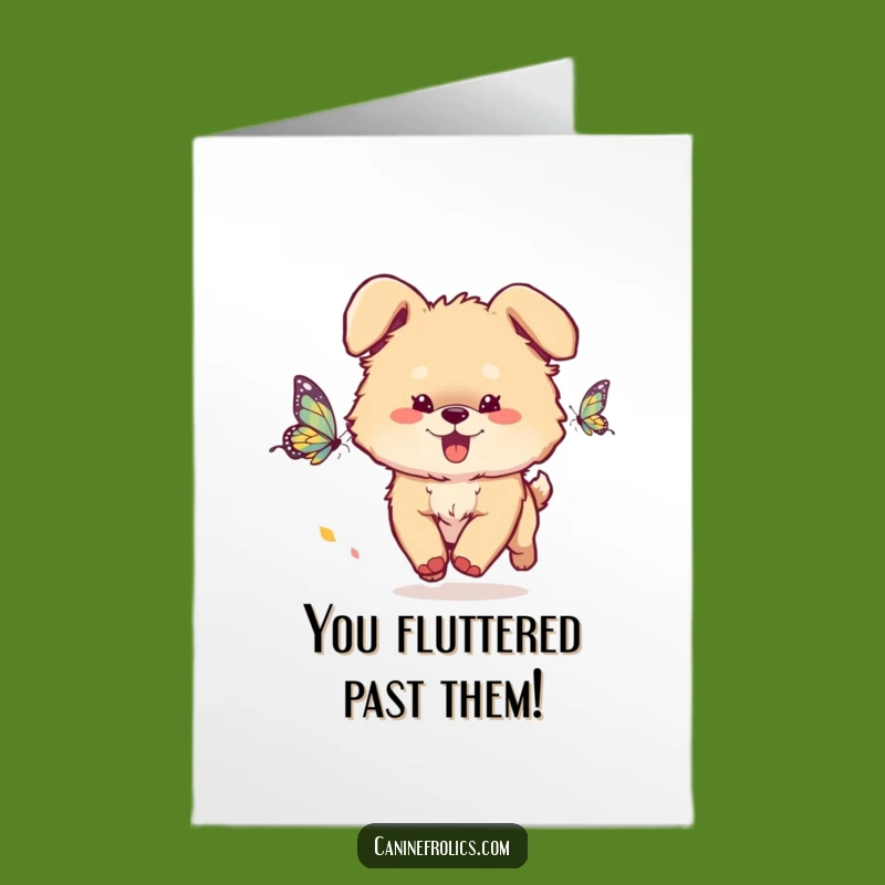 Free Printable Congrats Card: Fluffy Dog Chasing Butterfly, Joyful Downloadable Gift