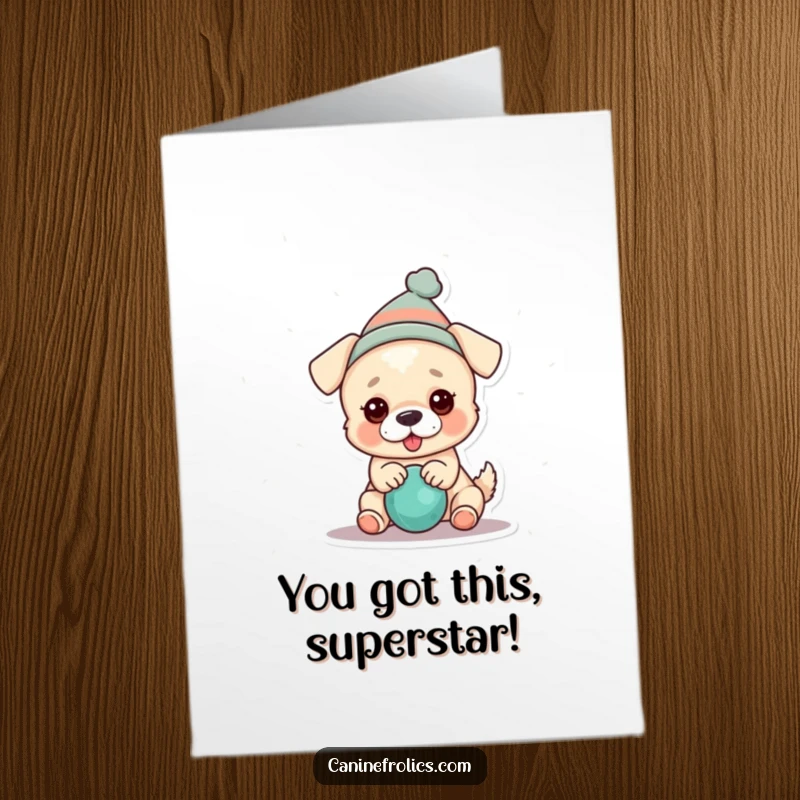 Funny Free Printable Congratulations Card: Joyful dog sporting a tiny festive hat, engrossed in playing with a squeaky toy.