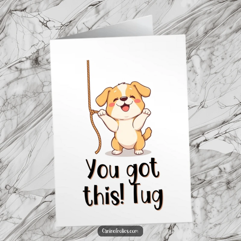 Funny Free Printable Congratulations Card: A dog joyfully plays with a dangling rope, ideal for a fun downloadable gift.
