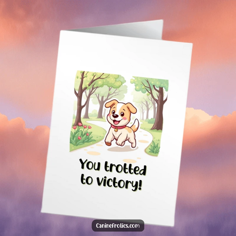 Funny Free Printable Congratulations Card: Dog with a bouncy stride trotting happily, celebrating great news with a smile.