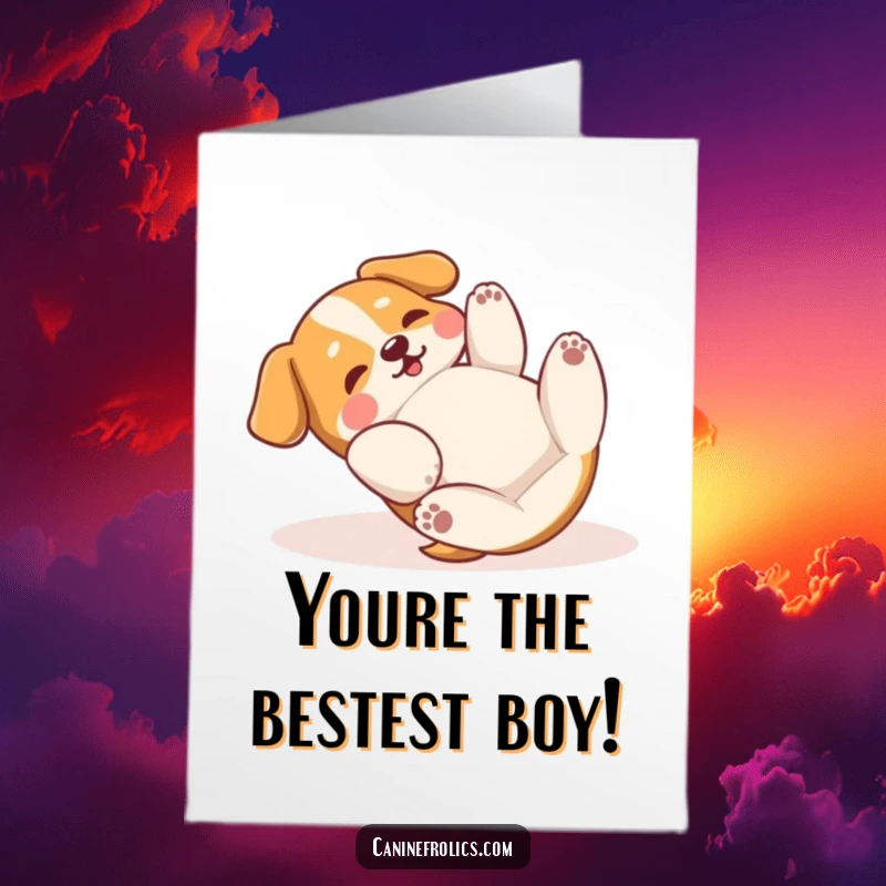 Funny Free Printable Congrats Card: A dog blissfully rolling on its back, paws flailing joyfully in the air.