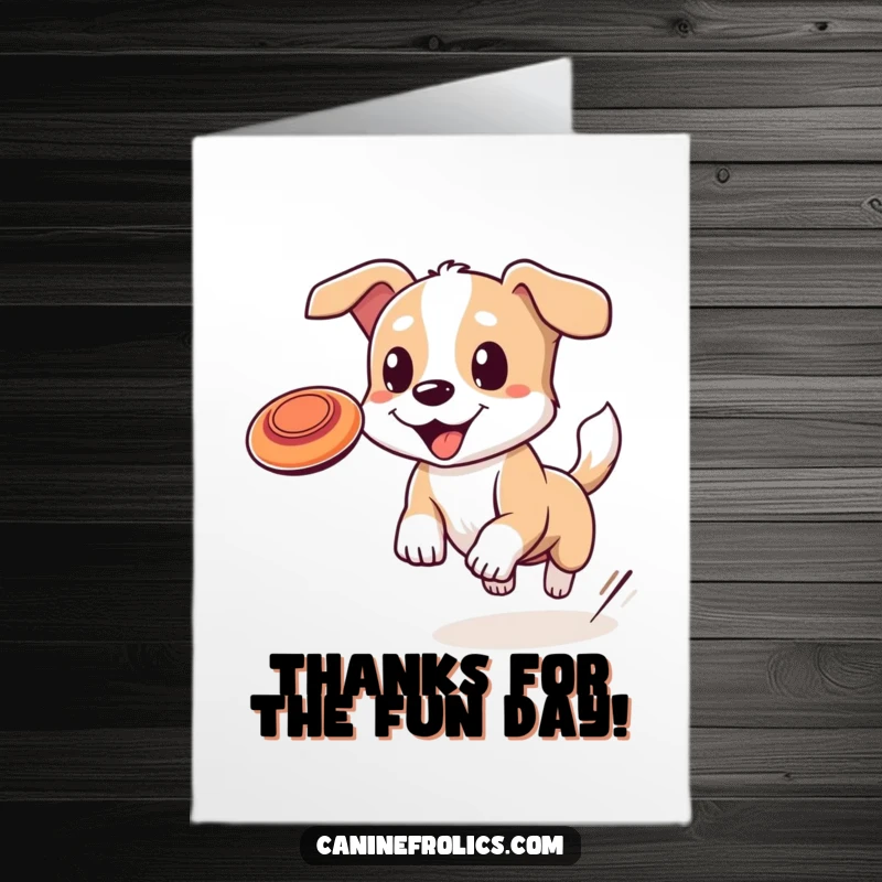 Funny Free Printable Thank You Card: Playful dog mid-air, chasing a frisbee with intense focus and a happy tail.