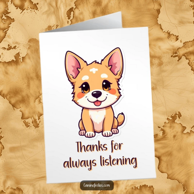 Funny Free Printable Thank You Card: A dog with perked ears and a curious expression, ready to listen and offer genuine thanks.