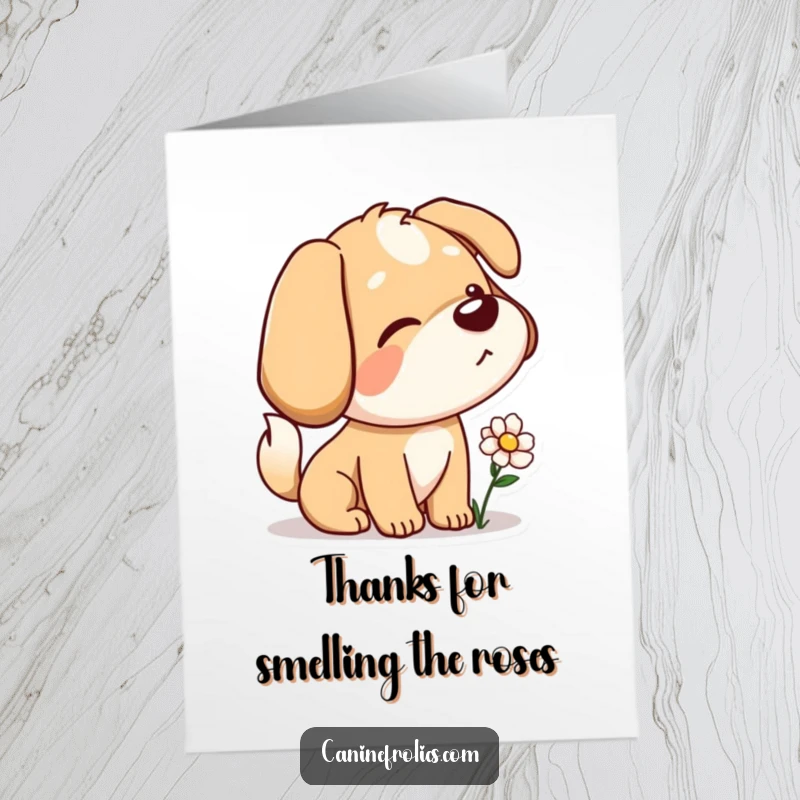 Funny Free Printable Thank You Card: Dog with a playful wag curiously sniffing a flower, showing gratitude.
