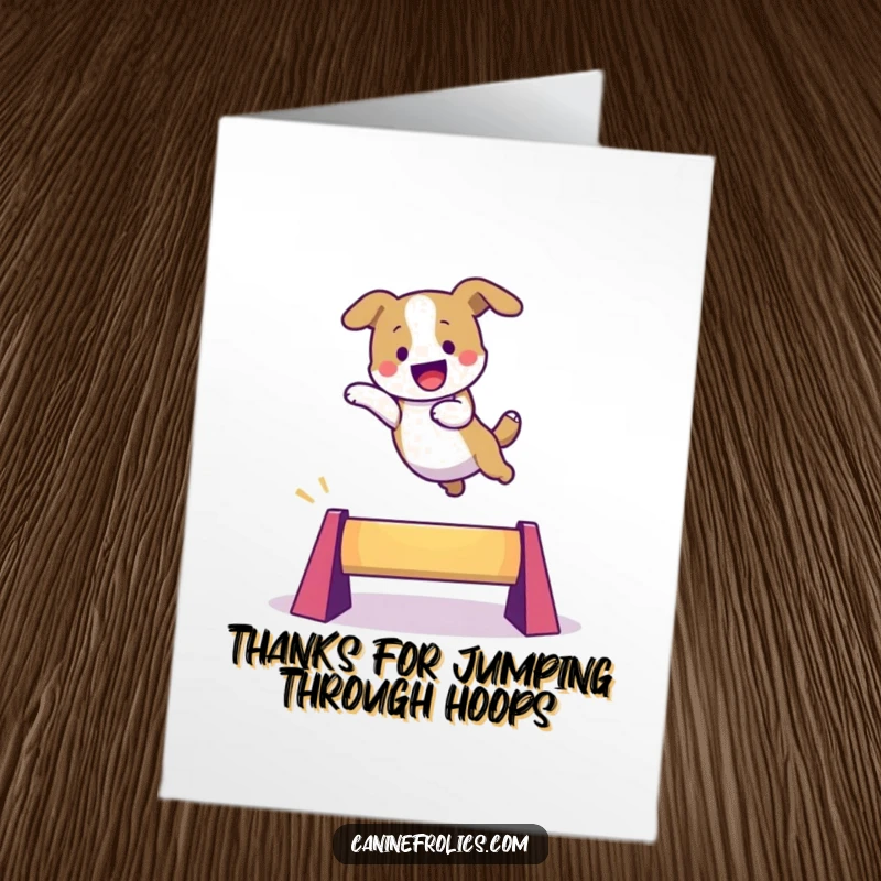 Funny Free Printable Thank You Card: A dog makes an energetic leap over a small, vibrant obstacle.