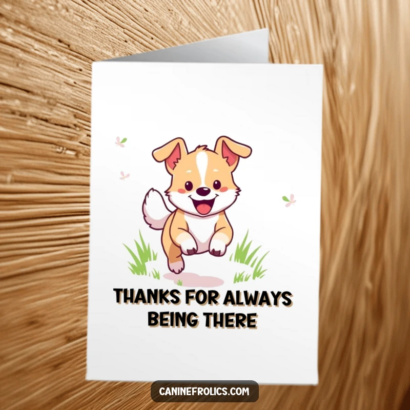 Funny Free Printable Thank You Card: A cheerful dog bounds through a field, expressing thanks with downloadable art.