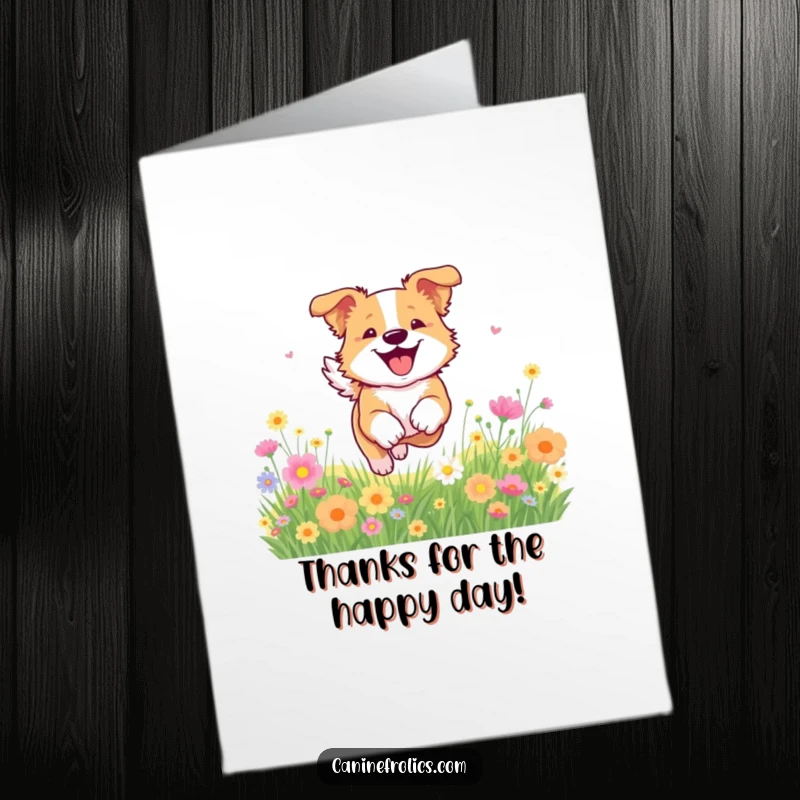 Funny Free Printable Thank You Card: Adorable dog bounding energetically through a field bursting with colorful wildflowers, pure delight on its face.